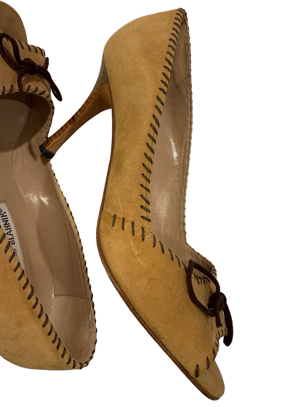 Vintage Manolo Blahnik Suede Peep Toe High Heels Camel 38.5 - Picture 12 of 12